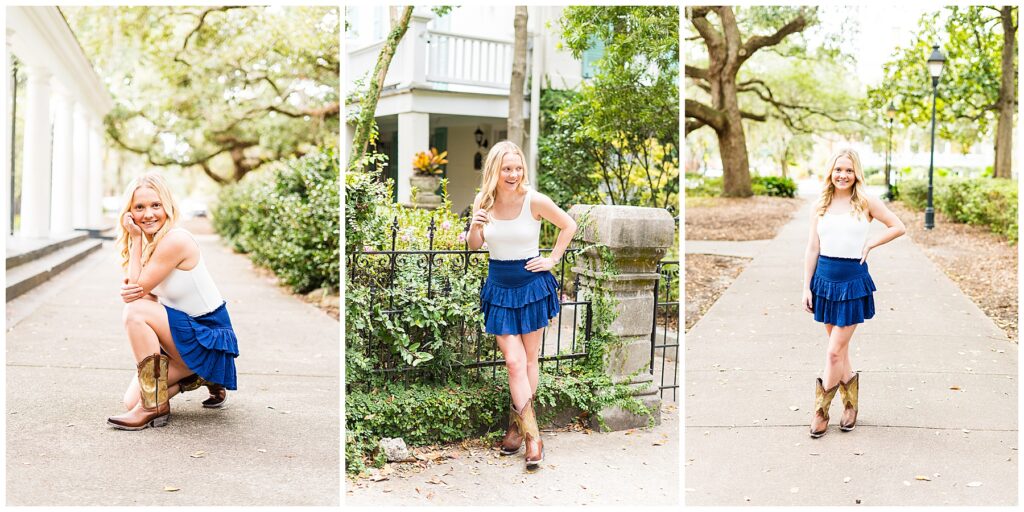 high school senior wearing a blue skirt and white top standing in downtown Savannah's Forsyth Park