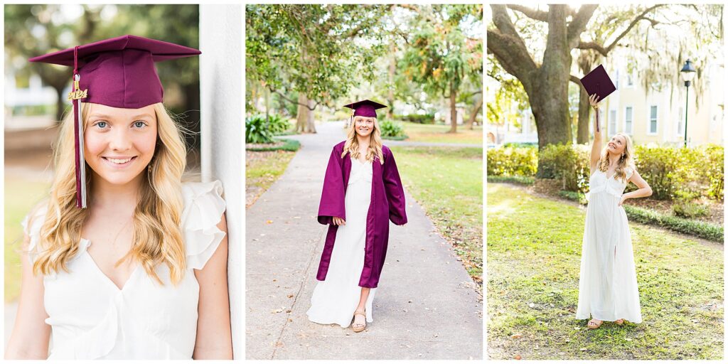 high school senior wearing a white dress and maroon cap and gown in downtown Savannah's Forsyth Park