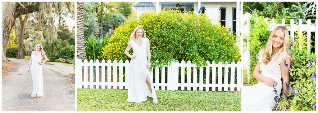high school senior wearing a white dress in 3 photos on Bluff Drive