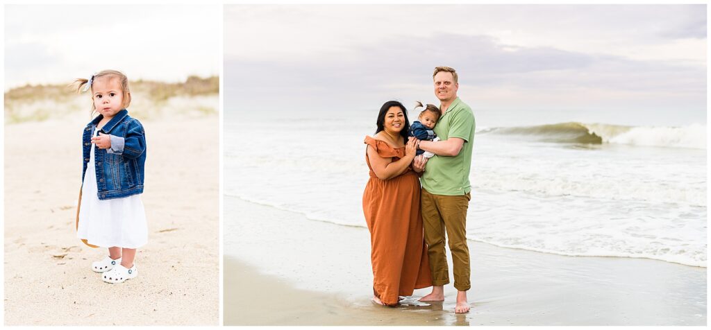 family of three standing on Tybee Island beach for family sunset photos