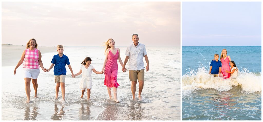 family of three standing on Tybee Island beach for family sunset photos