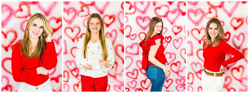 for girls wearing read and white outfits standing in front of a valentines themed backdrop