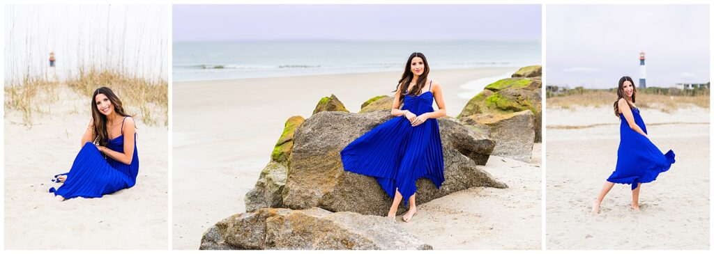 high school senior wearing a blue dress having fun on Tybee Island while taking senior pictures