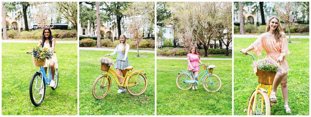 collage of high school senior girls posing with bicycles in Savannah's Forsyth Park