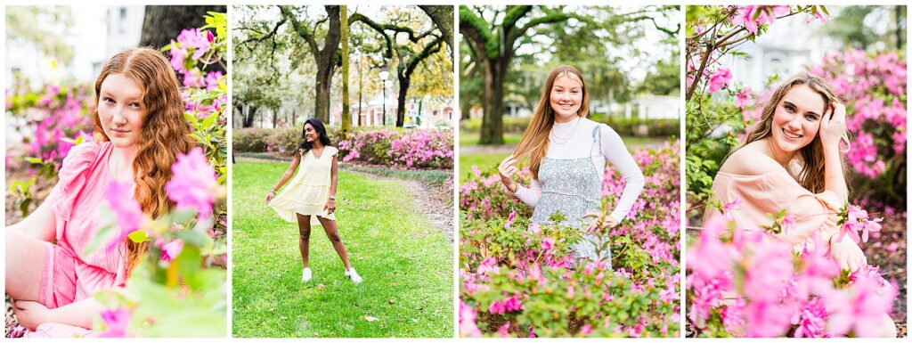 collage of high school senior girls having their photos taken with the azaleas in Forsyth Park