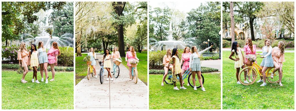 collage of high school senior girls standing together and posing for photos in Forsyth Park