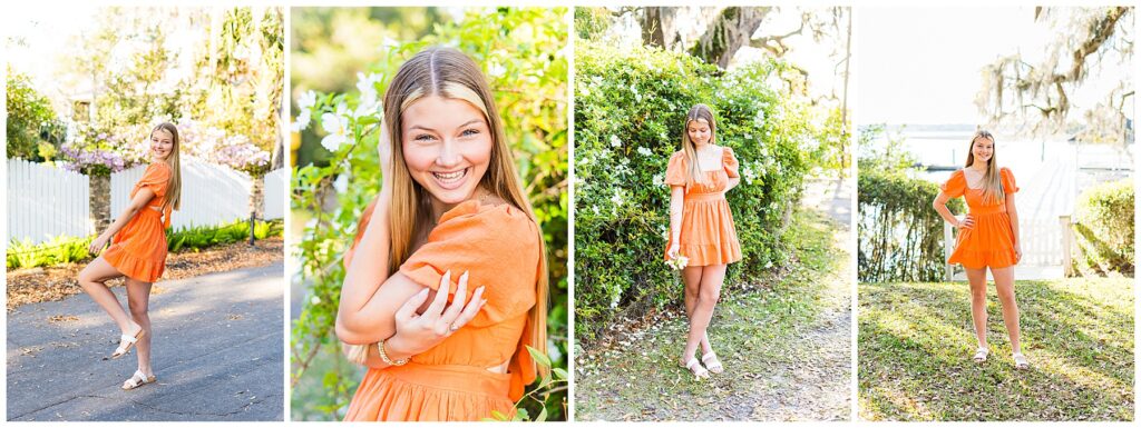 collage of a high school senior girl wearing a bright orange dress on Isle of Hope's Bluff Drive