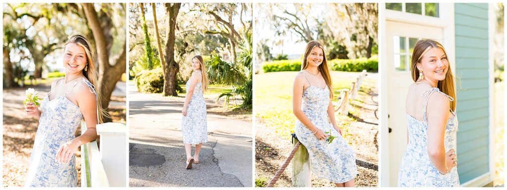 high school senior girl posing in a white and blue dress in Savannah's Isle of Hope
