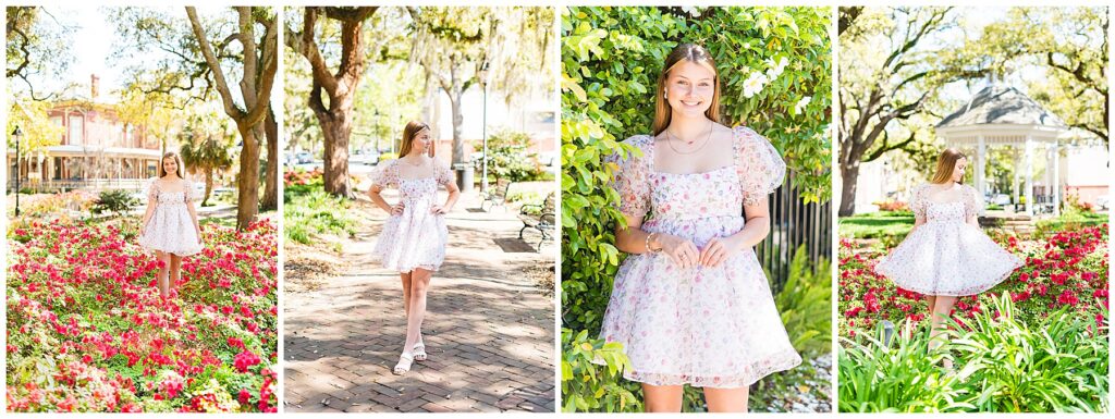 high school senior girl standing in downtown Savannah's Whitefield square wearing a short but puffy floral dress