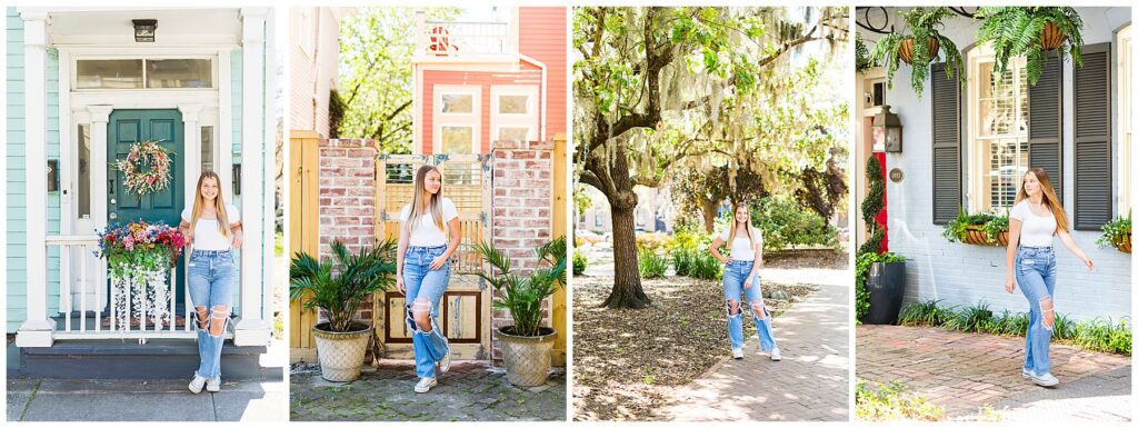 high school senior wearing ripped jeans and a white bodysuit posing for senior pictures in downtown Savannah