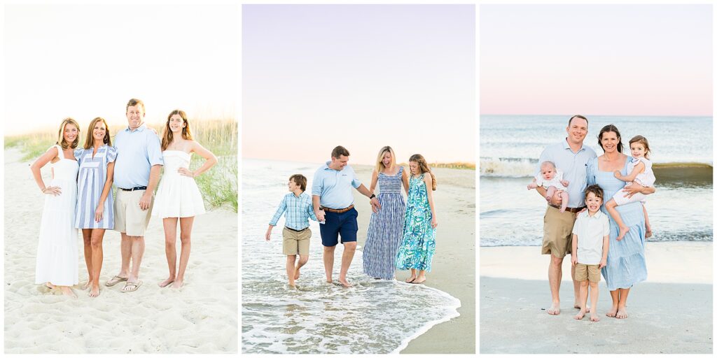 collage of three families on the beach at Tybee for family photos