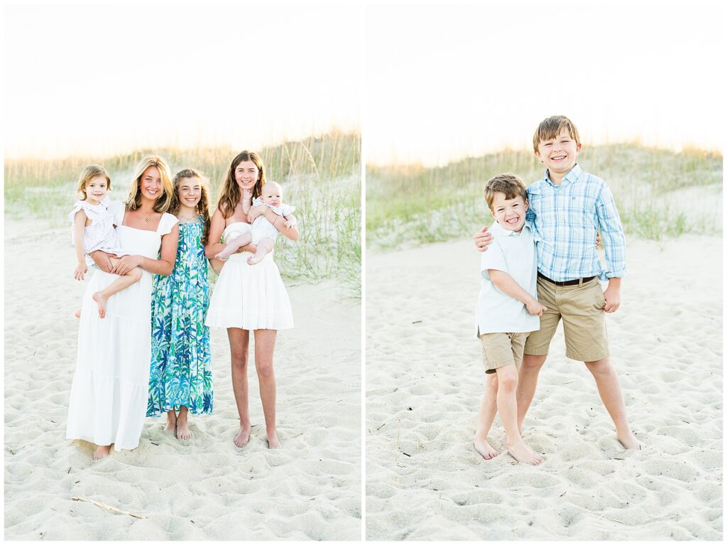 collage of kids standing on the beach at Tybee Island for family photos
