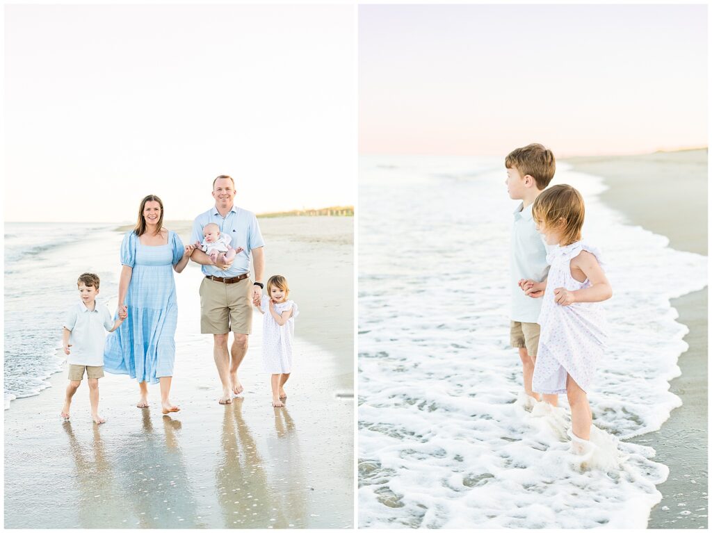 family on Tybee Island walking in the surf at sunset for family photos