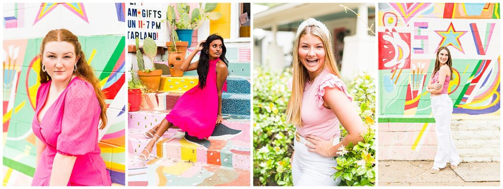 collage of high school senior girls wearing various outfits in pink and white