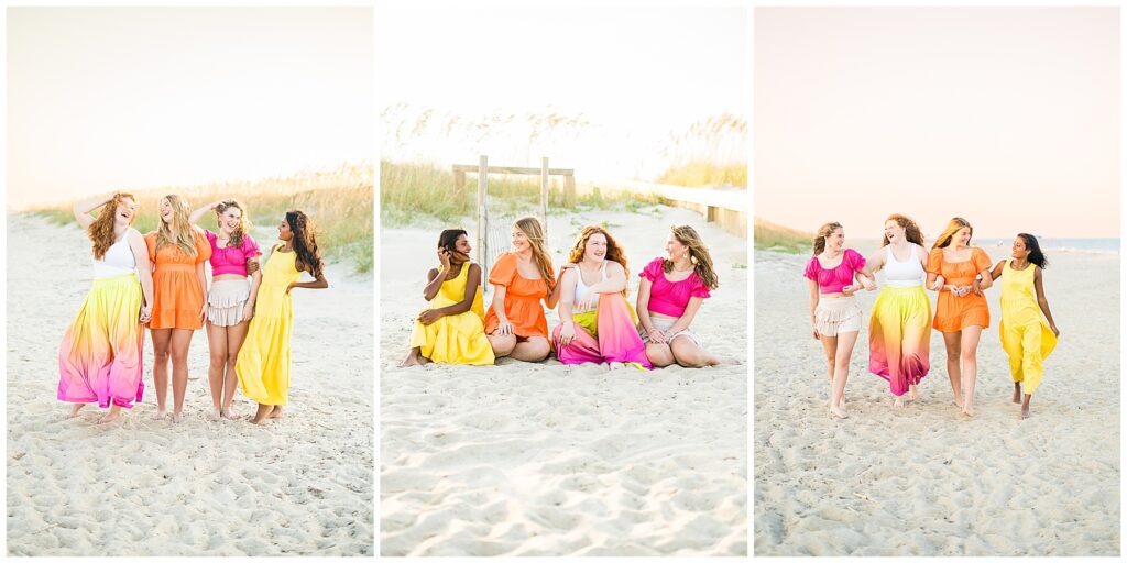 collage of high school girls at a sunset senior team session in Tybee Island
