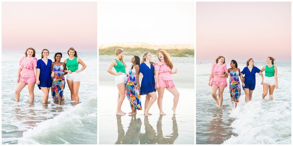 collage of group photos from a class of 2024 senior team Tybee sunset session