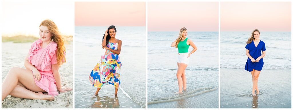 collage of high school senior girls having photos taken at sunset on Tybee Island