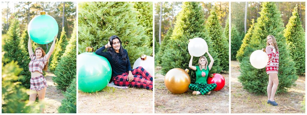 collage of high school girls wearing pajamas for a photoshoot at a Christmas tree farm