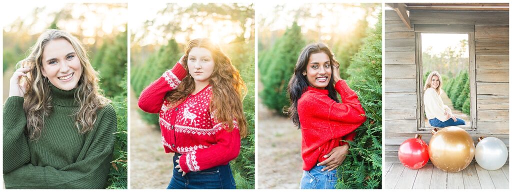 collage of high school girls wearing holiday colored sweaters at a Christmas tree farm photoshoot