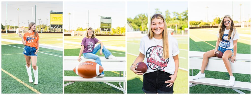 collage of high school seniors wearing various high school and college t-shirts standing on a football field 