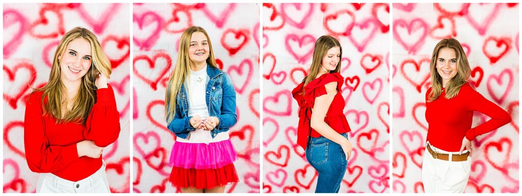 collage of high school girls standing in front of a spray paint heart backdrop