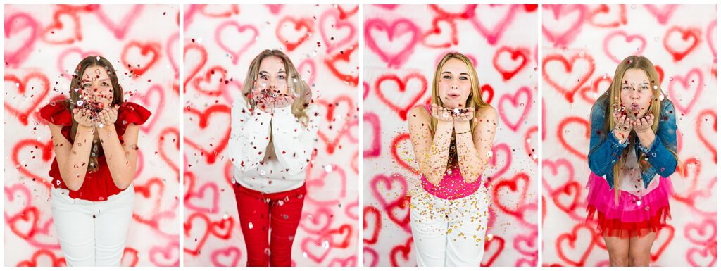 collage of high school girls standing in front of a spray paint heart backdrop blowing confetti at the camera
