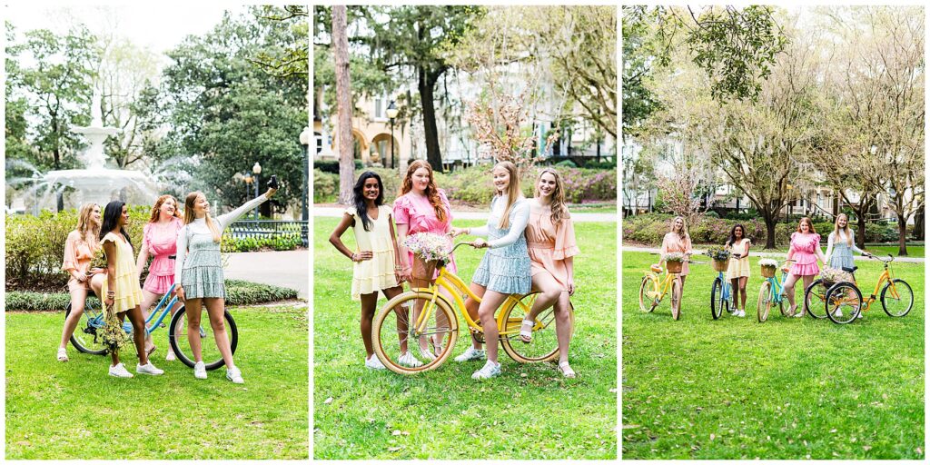 collage of group photos from the class of 2024 senior experience team bikes and besties photoshoot