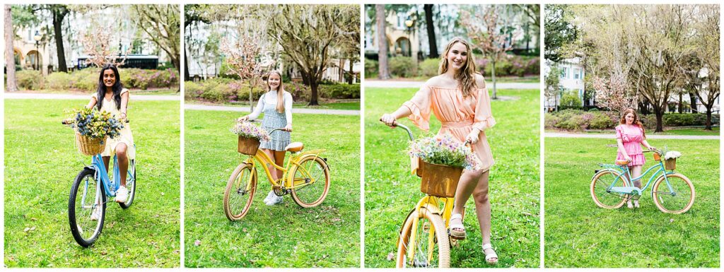 collage of high school senior girls standing with pastel bikes in Forsyth Park