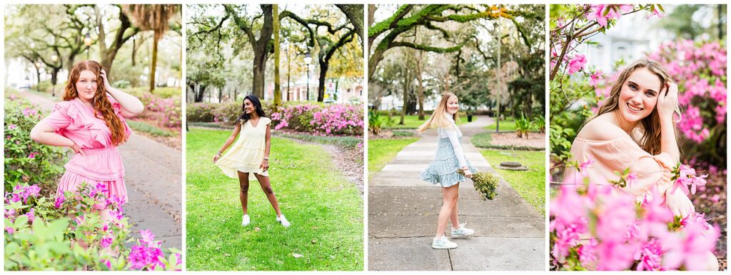 collage of high school senior girls standing with flowers in Forsyth Park