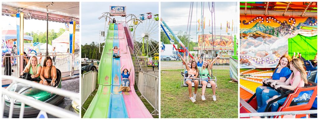 collage of high school girls riding different rides at the savannah spring fair 