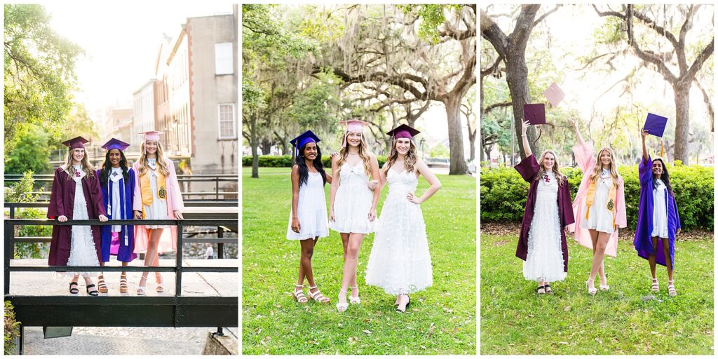 collage of high school senior girls wearing cap & gown outfits in downtown savannah