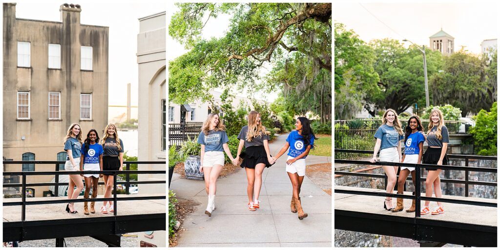 collage of high school senior girls wearing college t-shirts in downtown savannah
