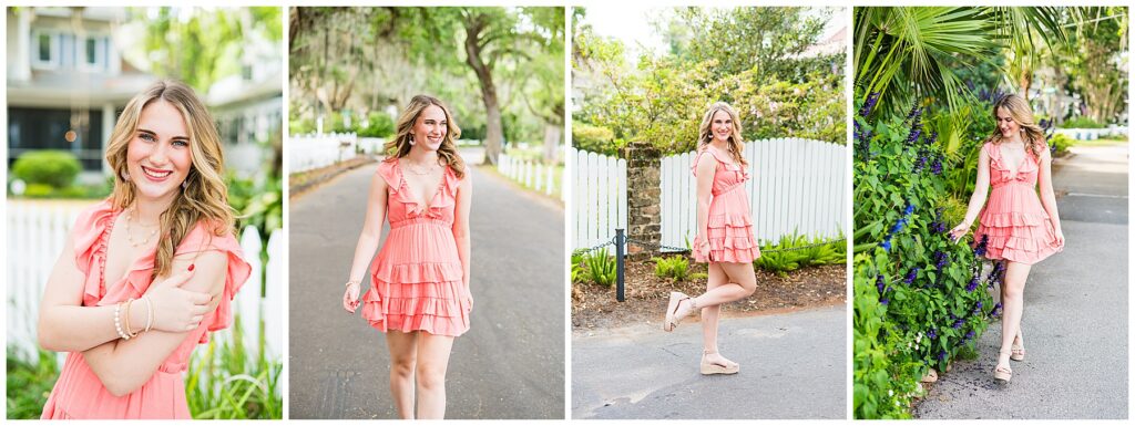 collage of a high school senior girl wearing a peach dress 