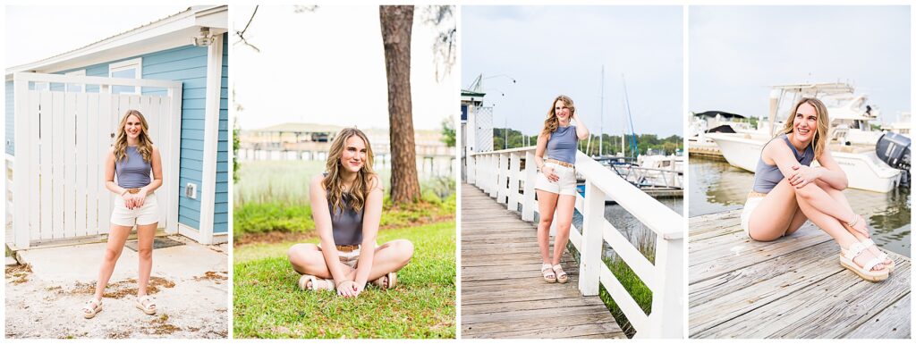collage of a high school senior girl wearing white shorts and a blue tank top