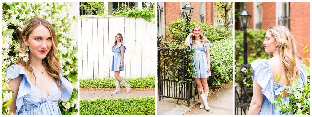 collage of a high school senior girl wearing a pale blue dress and white cowboy boots in downtown savannah