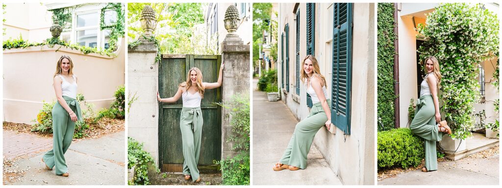 collage of a high school senior girl wearing a pair of moss green linen pants and a white top in downtown savannah for senior photos
