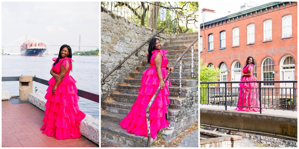 collage of high school senior wearing a bright pink prom dress in downtown savannah Georgia 