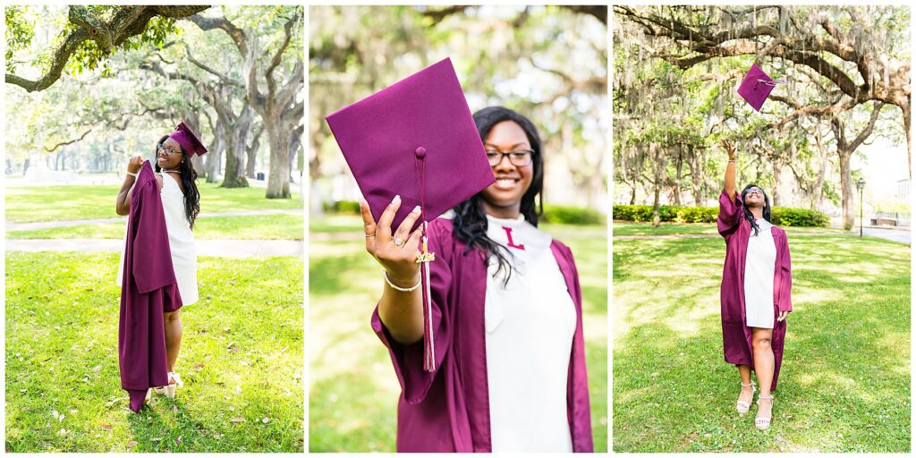 collage of high school senior girl wearing a white dress and maroon cap and gown in downtown savannah Georgia