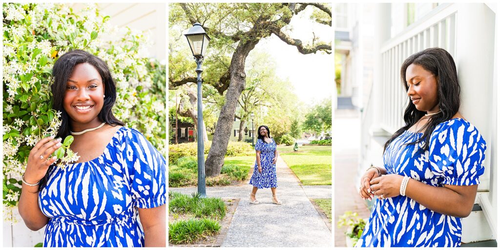 collage of a high school senior girl wearing a blue and white dress in downtown Savannah's Greene Square 
