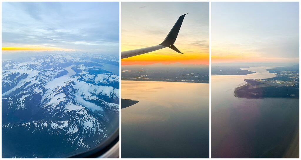 collage of midnight sun flying over Alaska