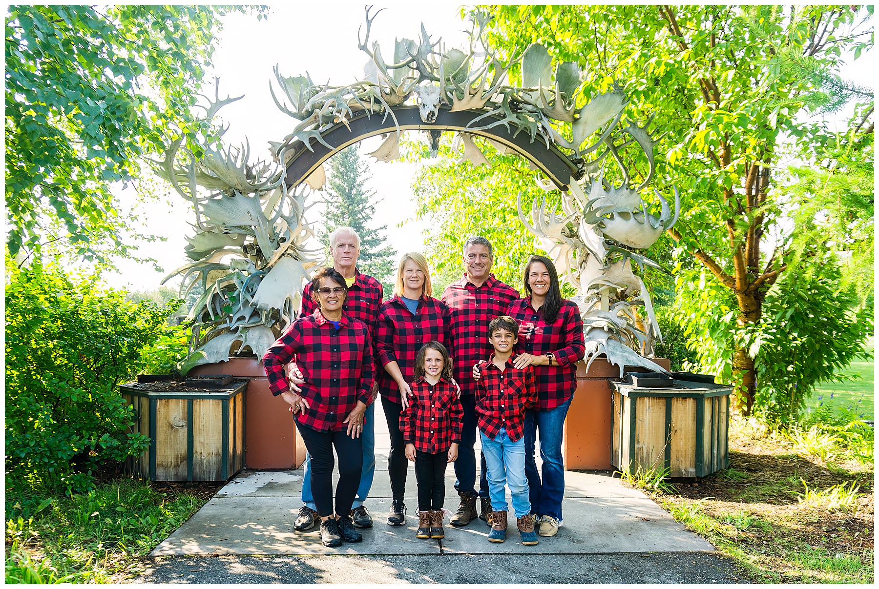 family photo in matching plaid shirts in Fairbanks Alaska