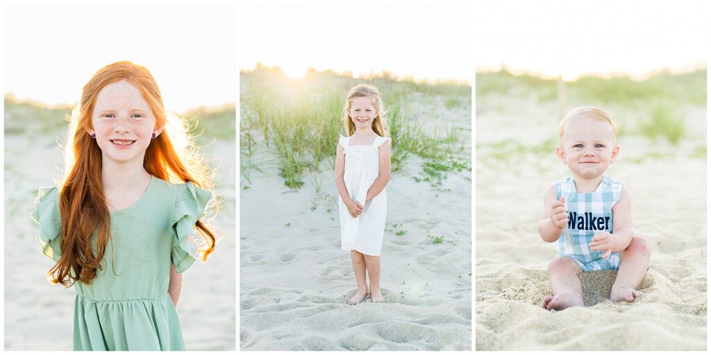 collage of three children on the beach at Tybee Island with the dunes and sunset behind them