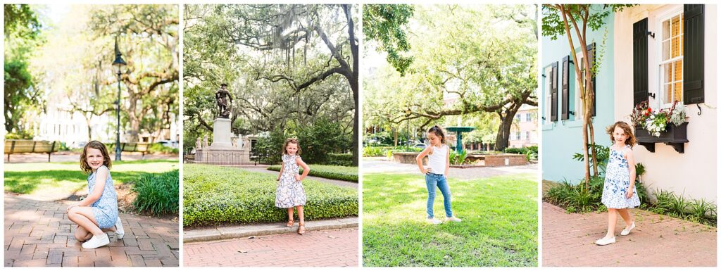 collage of a 5 year old girl in 4 of Savannah Georgia's downtown squares