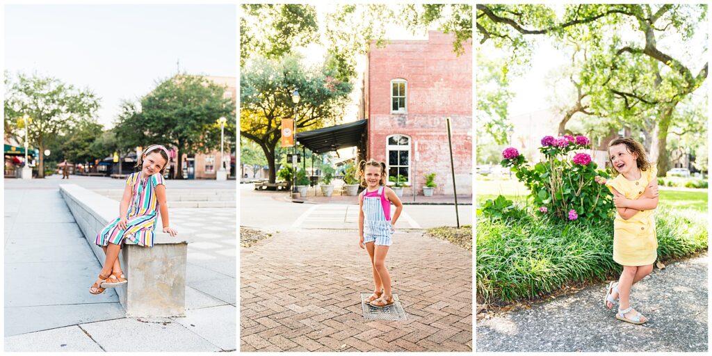 collage of a 5 year old girl in 3 of Savannah Georgia's downtown squares