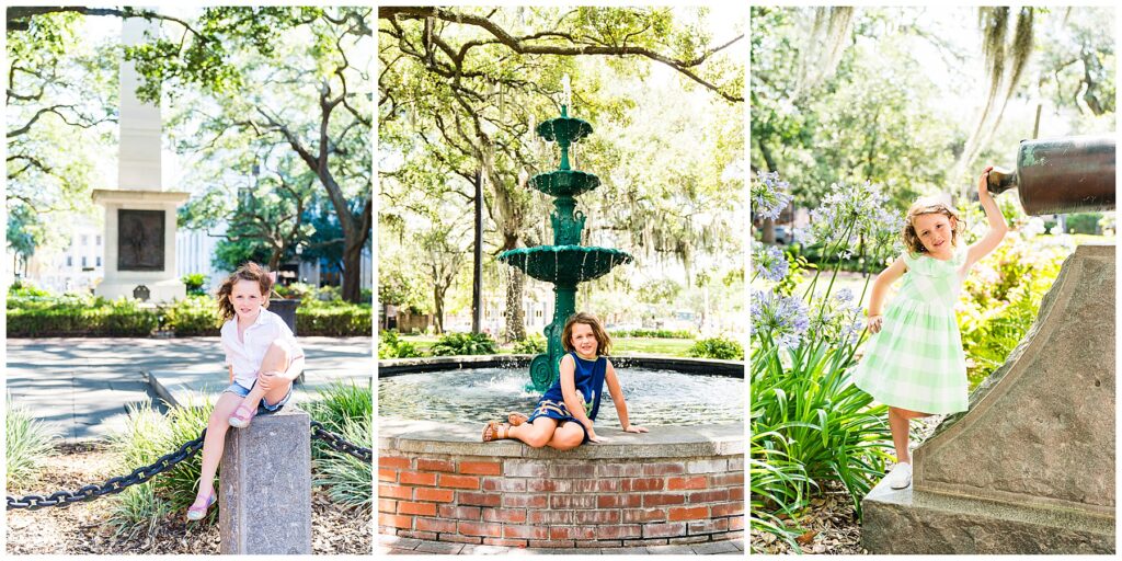 collage of a 5 year old girl in 3 of Savannah Georgia's downtown squares