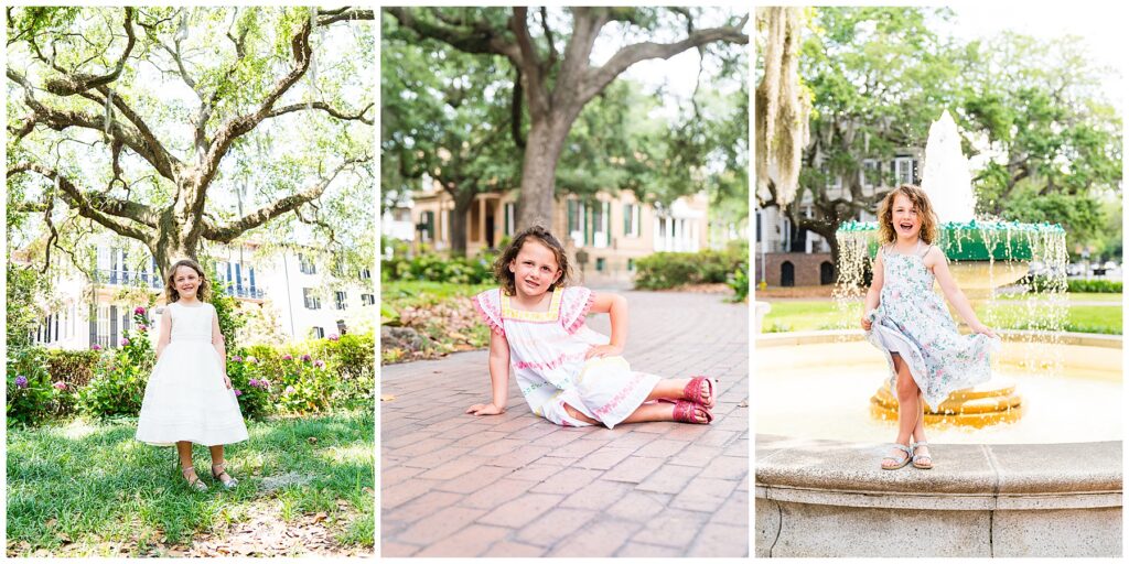 collage of a 5 year old girl in 3 of Savannah Georgia's downtown squares