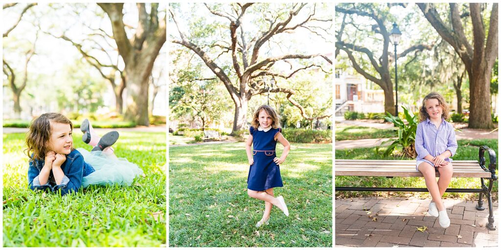 collage of a 5 year old girl in 3 of Savannah Georgia's downtown squares