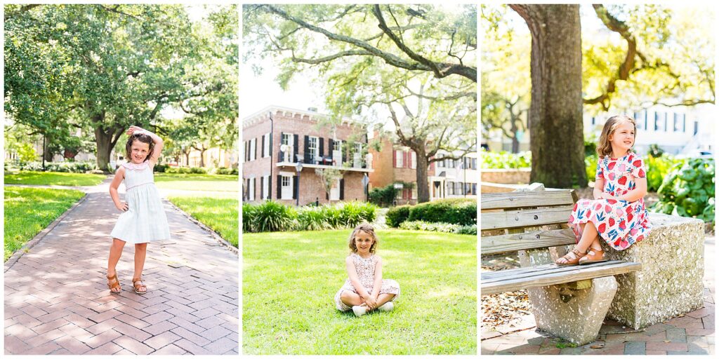 collage of a 5 year old girl in 3 of Savannah Georgia's downtown squares