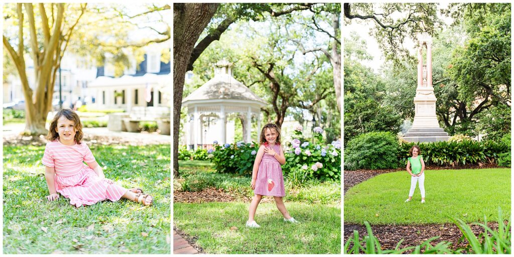 collage of a 5 year old girl in 3 of Savannah Georgia's downtown squares