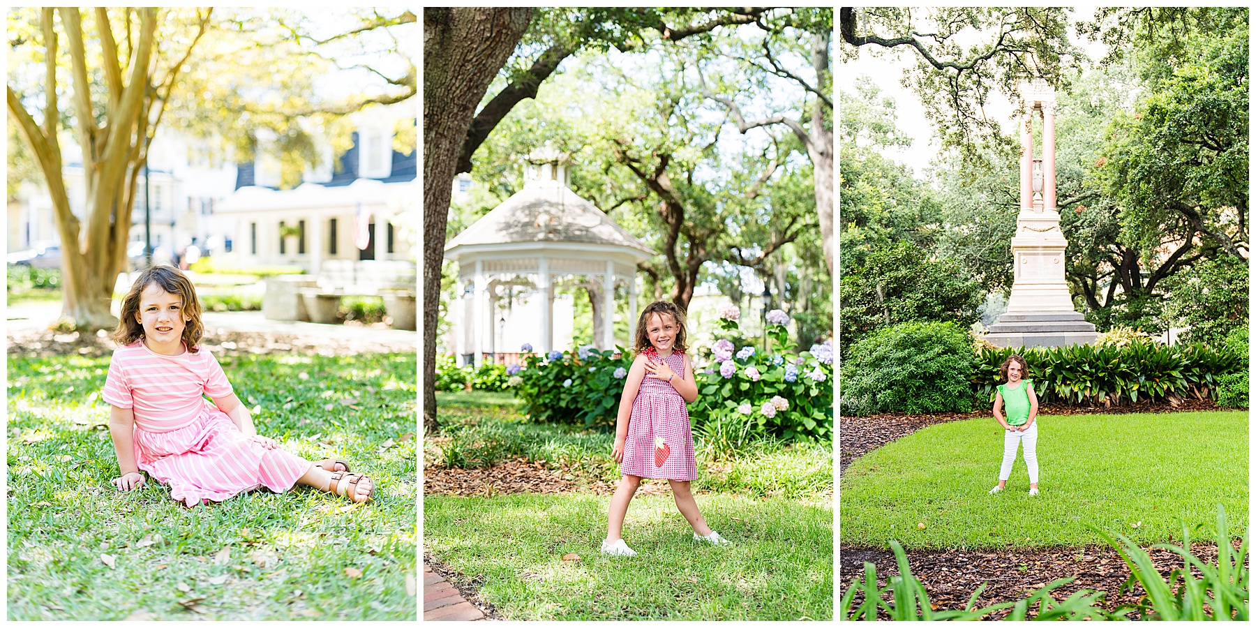 collage of a 5 year old girl in 3 of Savannah Georgia's downtown squares